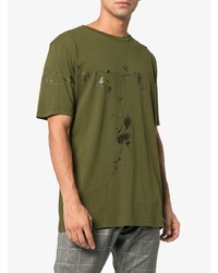 olivgrünes T-Shirt mit einem Rundhalsausschnitt mit Blumenmuster von Haider Ackermann