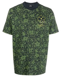 olivgrünes T-Shirt mit einem Rundhalsausschnitt mit Blumenmuster von PS Paul Smith