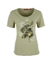 olivgrünes T-Shirt mit einem Rundhalsausschnitt mit Blumenmuster von S.OLIVER RED LABEL