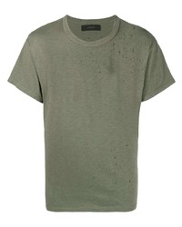 olivgrünes T-Shirt mit einem Rundhalsausschnitt mit Destroyed-Effekten von Amiri