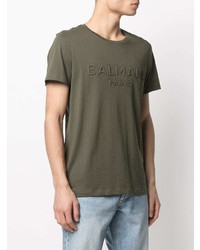 olivgrünes T-Shirt mit einem Rundhalsausschnitt von Balmain