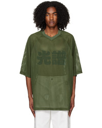 olivgrünes T-Shirt mit einem V-Ausschnitt aus Netzstoff