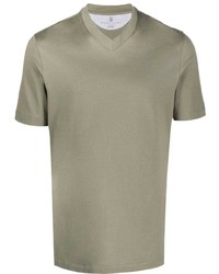 olivgrünes T-Shirt mit einem V-Ausschnitt von Brunello Cucinelli