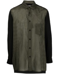 olivgrünes vertikal gestreiftes Langarmhemd von Yohji Yamamoto
