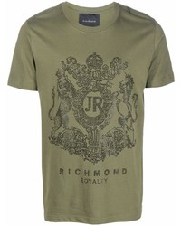 olivgrünes verziertes T-Shirt mit einem Rundhalsausschnitt von John Richmond