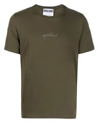 olivgrünes verziertes T-Shirt mit einem Rundhalsausschnitt von Moschino