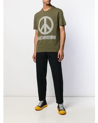 olivgrünes verziertes T-Shirt mit einem Rundhalsausschnitt von Love Moschino