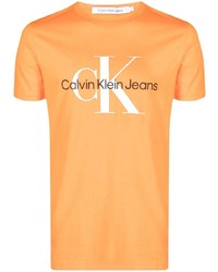 orange bedrucktes T-Shirt mit einem Rundhalsausschnitt von Calvin Klein Jeans