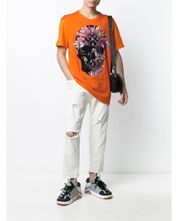 orange bedrucktes T-Shirt mit einem Rundhalsausschnitt von Philipp Plein