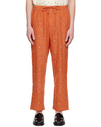 orange bestickte Leinen Chinohose