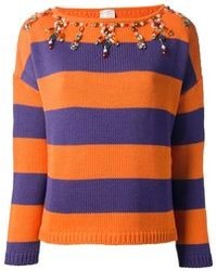orange horizontal gestreifter Pullover mit einem Rundhalsausschnitt