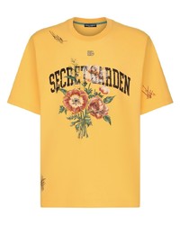 orange T-Shirt mit einem Rundhalsausschnitt mit Blumenmuster von Dolce & Gabbana