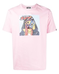 rosa bedrucktes T-Shirt mit einem Rundhalsausschnitt von A Bathing Ape