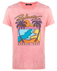 rosa bedrucktes T-Shirt mit einem Rundhalsausschnitt von Balmain
