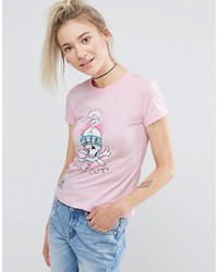 rosa bedrucktes T-Shirt mit einem Rundhalsausschnitt von Illustrated People
