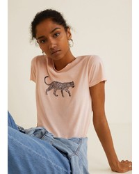 rosa bedrucktes T-Shirt mit einem Rundhalsausschnitt von Mango