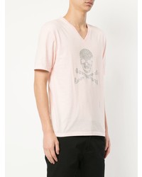 rosa bedrucktes T-Shirt mit einem V-Ausschnitt von Loveless