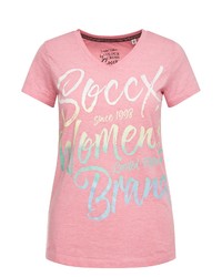 rosa bedrucktes T-Shirt mit einem V-Ausschnitt von SOCCX