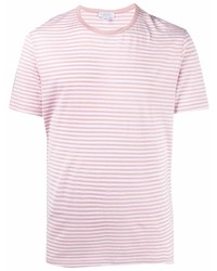 rosa horizontal gestreiftes T-Shirt mit einem Rundhalsausschnitt von Sunspel