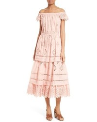 rosa schulterfreies Kleid mit Lochstickerei
