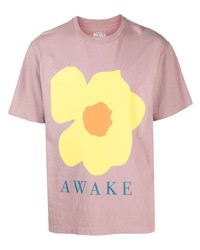 rosa T-Shirt mit einem Rundhalsausschnitt mit Blumenmuster von Awake NY