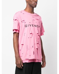 rosa T-Shirt mit einem Rundhalsausschnitt mit Destroyed-Effekten von Givenchy