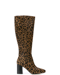 rotbraune kniehohe Stiefel aus Leder mit Leopardenmuster