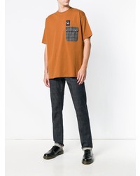 rotbraunes bedrucktes T-Shirt mit einem Rundhalsausschnitt von Raf Simons X Fred Perry