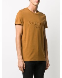 rotbraunes bedrucktes T-Shirt mit einem Rundhalsausschnitt von Balmain