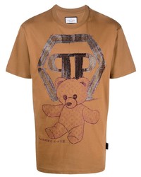 rotbraunes bedrucktes T-Shirt mit einem Rundhalsausschnitt von Philipp Plein