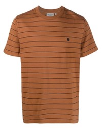rotbraunes horizontal gestreiftes T-Shirt mit einem Rundhalsausschnitt von Carhartt WIP