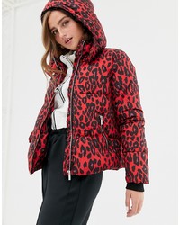 rote Daunenjacke mit Leopardenmuster von New Look