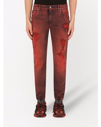 rote enge Jeans mit Destroyed-Effekten von Dolce & Gabbana