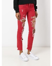 rote enge Jeans mit Destroyed-Effekten von R13