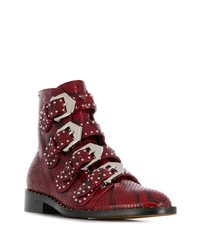 rote flache Stiefel mit einer Schnürung aus Leder mit Schlangenmuster von Givenchy