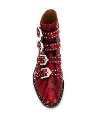 rote flache Stiefel mit einer Schnürung aus Leder mit Schlangenmuster von Givenchy