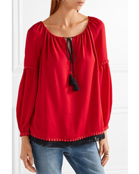 rote Seide Bluse mit Fransen von Tory Burch