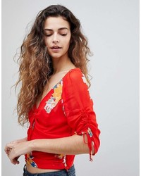 rote Kurzarmbluse mit Blumenmuster von Free People