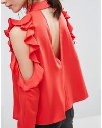 rote Satin Bluse mit Rüschen von Asos