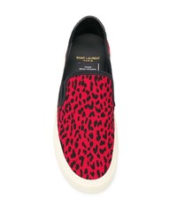 rote und schwarze Slip-On Sneakers aus Segeltuch mit Leopardenmuster von Saint Laurent