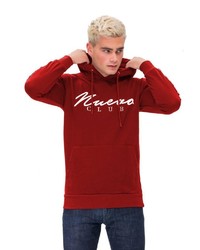 roter bedruckter Fleece-Pullover mit einem Kapuze von Tom Barron