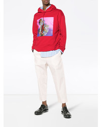 roter bedruckter Pullover mit einem Kapuze von Raf Simons