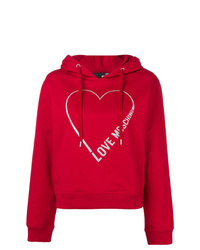 roter bedruckter Pullover mit einer Kapuze von Love Moschino