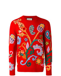 roter Pullover mit einem Rundhalsausschnitt mit Blumenmuster von Gucci