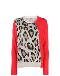 roter Pullover mit einem Rundhalsausschnitt mit Leopardenmuster von R13