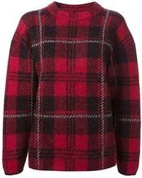 roter Pullover mit einem Rundhalsausschnitt mit Schottenmuster