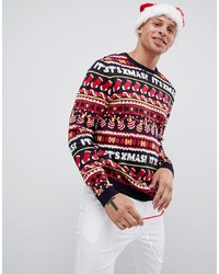 roter Pullover mit einem Rundhalsausschnitt mit Weihnachten Muster von ASOS DESIGN