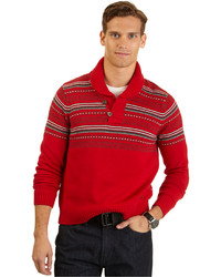roter Pullover mit einem Schalkragen mit Fair Isle-Muster
