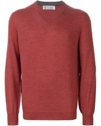 roter Pullover mit einem V-Ausschnitt von Brunello Cucinelli