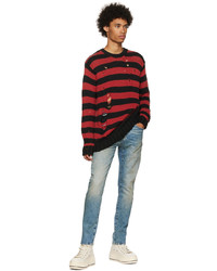 roter und schwarzer horizontal gestreifter Pullover mit einem Rundhalsausschnitt von R13